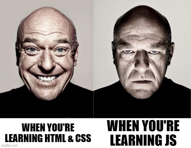 when learning javascript | WHEN YOU'RE LEARNING HTML & CSS; WHEN YOU'RE LEARNING JS | image tagged in breaking bad smile frown,memes,programmers | made w/ Imgflip meme maker