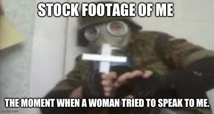 It’s true though. | STOCK FOOTAGE OF ME; THE MOMENT WHEN A WOMAN TRIED TO SPEAK TO ME. | image tagged in soldier | made w/ Imgflip meme maker
