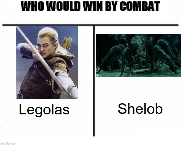 Legolas vs. Shelob | Shelob; Legolas | image tagged in who would win by combat,lord of the rings | made w/ Imgflip meme maker