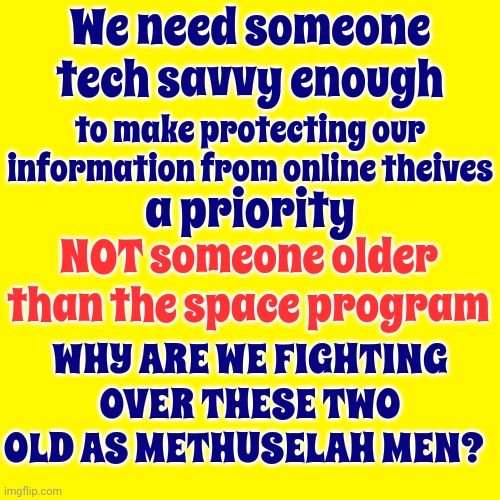 Identity Theft | We need someone tech savvy enough; to make protecting our information from online theives; a priority; NOT someone older than the space program; WHY ARE WE FIGHTING OVER THESE TWO OLD AS METHUSELAH MEN? | image tagged in memes,safety first,hackers,identity theft,joe biden,donald trump | made w/ Imgflip meme maker