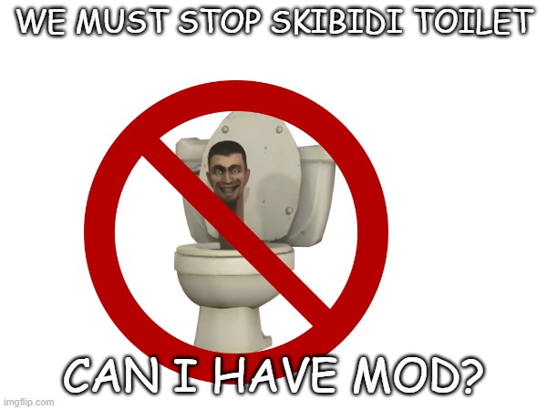 STOP SKIBIDI TOILET NOW | WE MUST STOP SKIBIDI TOILET; CAN I HAVE MOD? | image tagged in anti-skibidi | made w/ Imgflip meme maker