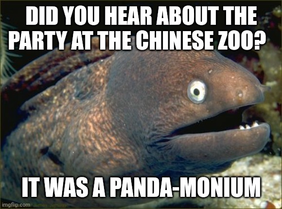 Chinese pun | DID YOU HEAR ABOUT THE PARTY AT THE CHINESE ZOO? IT WAS A PANDA-MONIUM | image tagged in memes,bad joke eel,chinese,puns | made w/ Imgflip meme maker