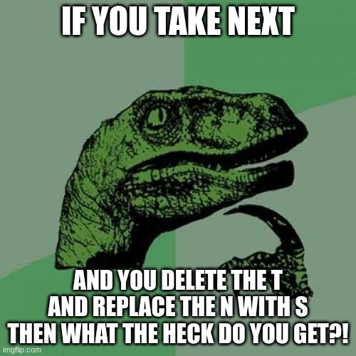 Philosoraptor | IF YOU TAKE NEXT; AND YOU DELETE THE T AND REPLACE THE N WITH S
THEN WHAT THE HECK DO YOU GET?! | image tagged in memes,philosoraptor | made w/ Imgflip meme maker
