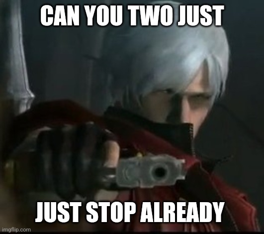 Dante gun | CAN YOU TWO JUST JUST STOP ALREADY | image tagged in dante gun | made w/ Imgflip meme maker