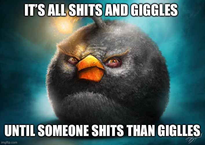 Realistic Bomb Angry Bird | IT’S ALL SHITS AND GIGGLES UNTIL SOMEONE SHITS THAN GIGGLES | image tagged in realistic bomb angry bird | made w/ Imgflip meme maker