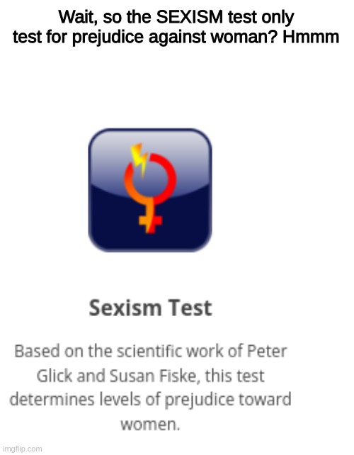Failure | Wait, so the SEXISM test only test for prejudice against woman? Hmmm | made w/ Imgflip meme maker
