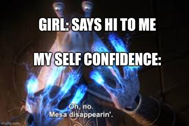 oh no mesa disappearing | GIRL: SAYS HI TO ME; MY SELF CONFIDENCE: | image tagged in oh no mesa disappearing | made w/ Imgflip meme maker