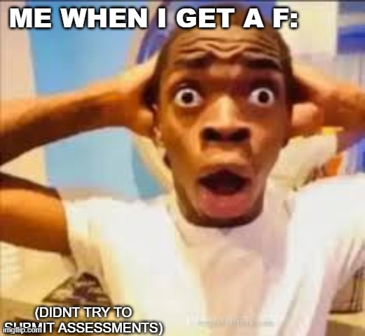 Sure.....- | ME WHEN I GET A F:; (DIDNT TRY TO SUBMIT ASSESSMENTS) | image tagged in no way face shocked black guy,so true memes,relatable memes,chica looking in window fnaf,video games,horror | made w/ Imgflip meme maker