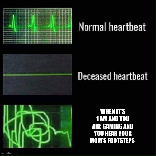 late night gaming | WHEN IT'S 1 AM AND YOU ARE GAMING AND YOU HEAR YOUR MOM'S FOOTSTEPS | image tagged in heart beat meme | made w/ Imgflip meme maker