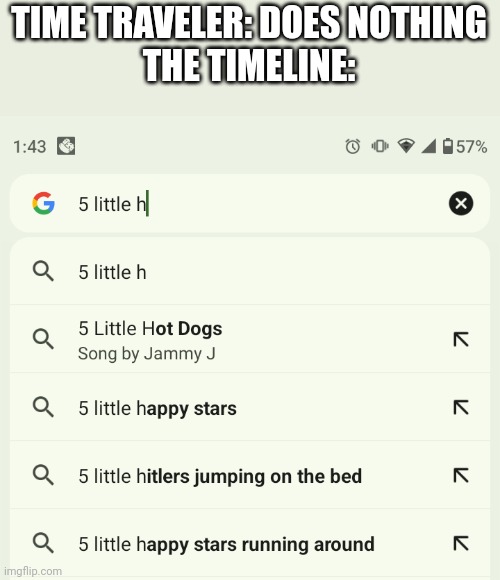 5 little Hitlers jumping on the bed | TIME TRAVELER: DOES NOTHING
THE TIMELINE: | image tagged in 5 little hitlers jumping on the bed | made w/ Imgflip meme maker