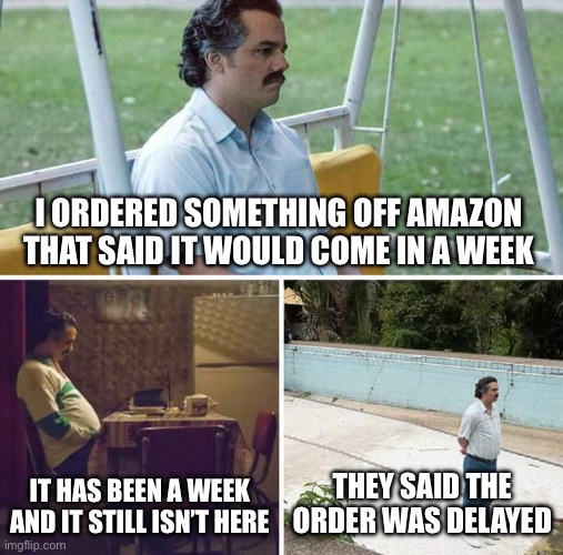 Sad Pablo Escobar | I ORDERED SOMETHING OFF AMAZON THAT SAID IT WOULD COME IN A WEEK; IT HAS BEEN A WEEK AND IT STILL ISN’T HERE; THEY SAID THE ORDER WAS DELAYED | image tagged in memes,sad pablo escobar | made w/ Imgflip meme maker