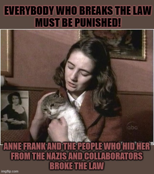 This #lolcat wonders if everyone who breaks the law should be punished | EVERYBODY WHO BREAKS THE LAW
MUST BE PUNISHED! ANNE FRANK AND THE PEOPLE WHO HID HER
FROM THE NAZIS AND COLLABORATORS
BROKE THE LAW | image tagged in anne frank,law,ordnun muss sein,nazis,lolcat,think about it | made w/ Imgflip meme maker
