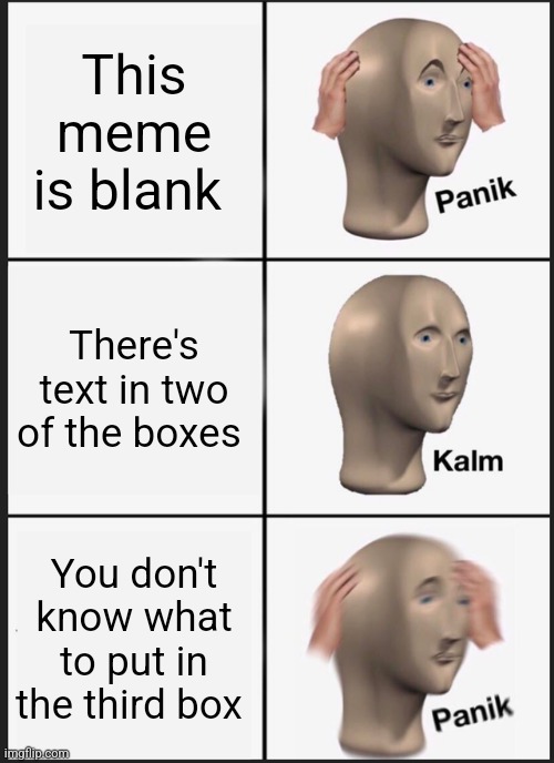 What should I put in the third box? | This meme is blank; There's text in two of the boxes; You don't know what to put in the third box | image tagged in memes,panik kalm panik,relatable,jpfan102504 | made w/ Imgflip meme maker