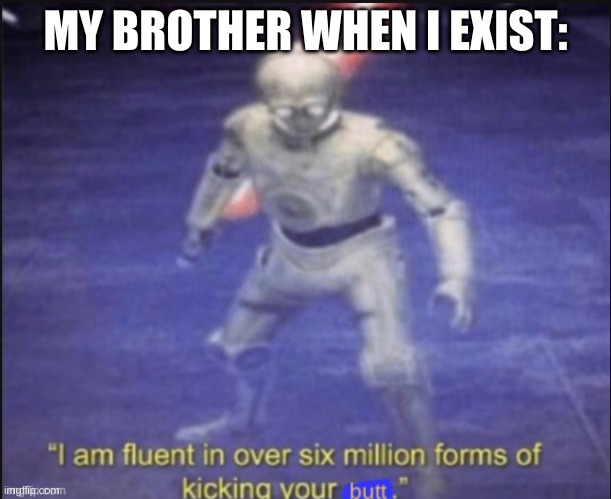 meme | MY BROTHER WHEN I EXIST: | image tagged in i am fluent in over six million forms of kicking your butt | made w/ Imgflip meme maker