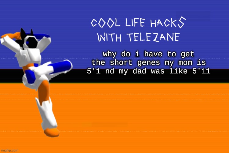 short noises | why do i have to get the short genes my mom is 5'1 nd my dad was like 5'11 | image tagged in cool life hacks with telezane | made w/ Imgflip meme maker