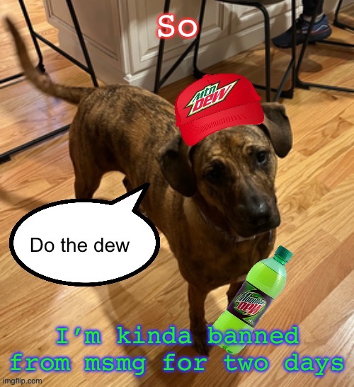 Do the dew | So; I’m kinda banned from msmg for two days | image tagged in do the dew | made w/ Imgflip meme maker