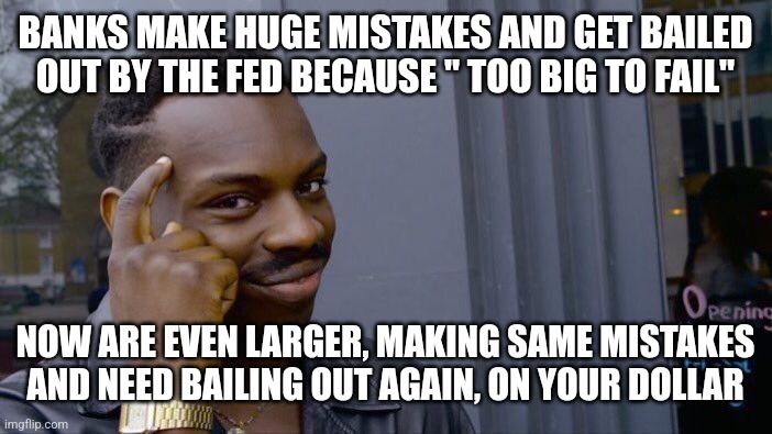 Roll Safe Think About It | BANKS MAKE HUGE MISTAKES AND GET BAILED OUT BY THE FED BECAUSE " TOO BIG TO FAIL"; NOW ARE EVEN LARGER, MAKING SAME MISTAKES AND NEED BAILING OUT AGAIN, ON YOUR DOLLAR | image tagged in memes,roll safe think about it | made w/ Imgflip meme maker