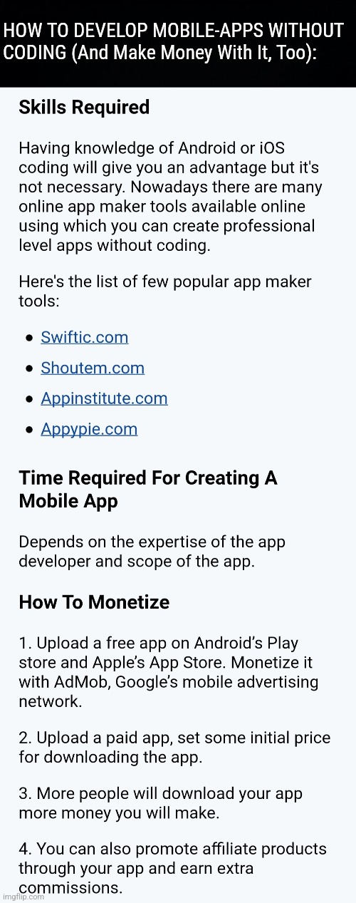 HOW TO DEVELOP MOBILE-APPS WITHOUT CODING (And Make Money With It, Too) :> | HOW TO DEVELOP MOBILE-APPS WITHOUT CODING (And Make Money With It, Too): | image tagged in simothefinlandized,mobile apps,tutorial,infographics,making money | made w/ Imgflip meme maker