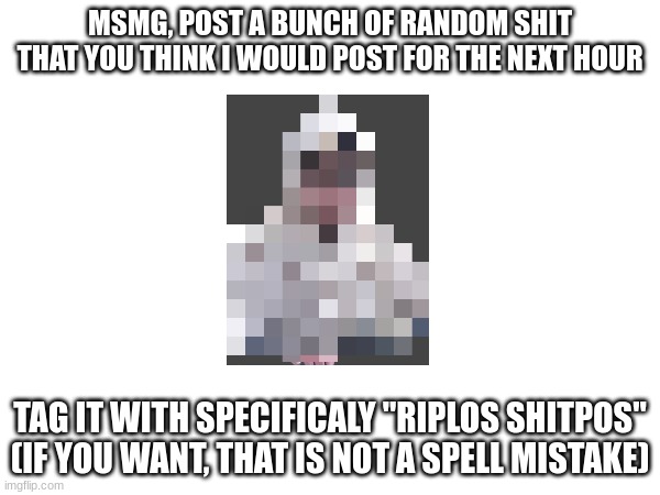 riplos shitpos | MSMG, POST A BUNCH OF RANDOM SHIT THAT YOU THINK I WOULD POST FOR THE NEXT HOUR; TAG IT WITH SPECIFICALY "RIPLOS SHITPOS" (IF YOU WANT, THAT IS NOT A SPELL MISTAKE) | made w/ Imgflip meme maker