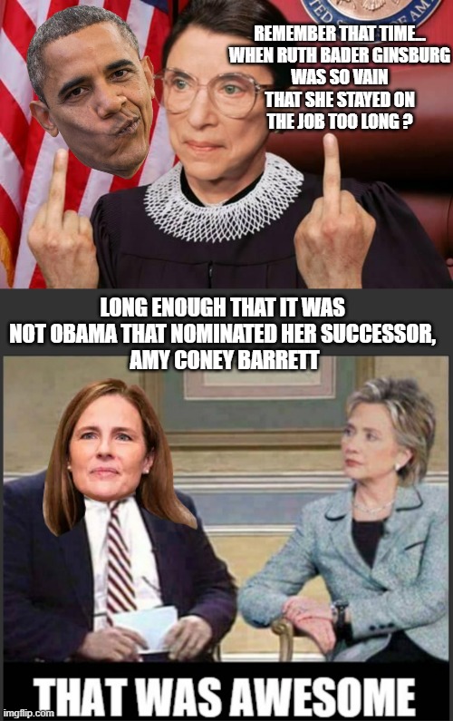 If one can't ROE the boat, one better prepare to WADE the stream | REMEMBER THAT TIME...
WHEN RUTH BADER GINSBURG
WAS SO VAIN
THAT SHE STAYED ON
THE JOB TOO LONG ? LONG ENOUGH THAT IT WAS 
NOT OBAMA THAT NOMINATED HER SUCCESSOR, 
AMY CONEY BARRETT | image tagged in notorious rbg,chris farley hillary clinton that was awesome template,president obama,president trump,supreme court,donations | made w/ Imgflip meme maker