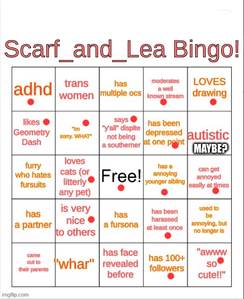 Scarf_and_Lea Bingo | MAYBE? | image tagged in scarf_and_lea bingo | made w/ Imgflip meme maker