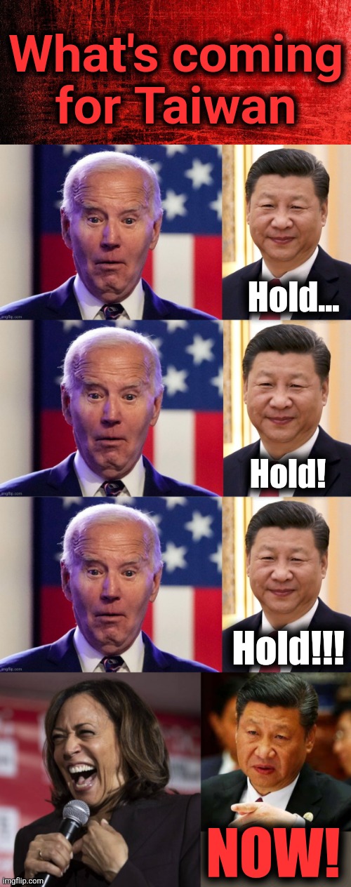 What's coming for Taiwan; Hold... Hold! Hold!!! NOW! | image tagged in kamala laughing,memes,joe biden,taiwan,xi jinping,war | made w/ Imgflip meme maker