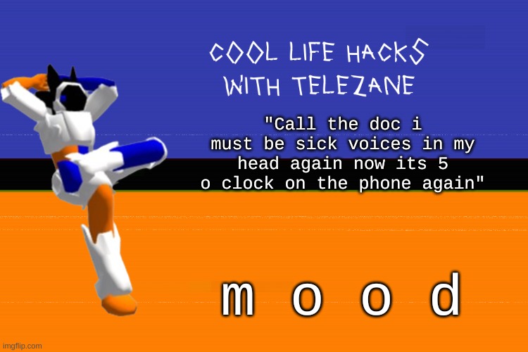 mood asf | "Call the doc i must be sick voices in my head again now its 5 o clock on the phone again"; m o o d | image tagged in cool life hacks with telezane | made w/ Imgflip meme maker