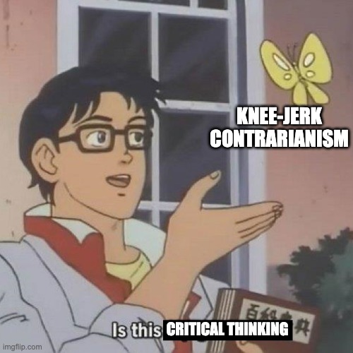 thought leadership | KNEE-JERK CONTRARIANISM; CRITICAL THINKING | image tagged in is this a blank | made w/ Imgflip meme maker