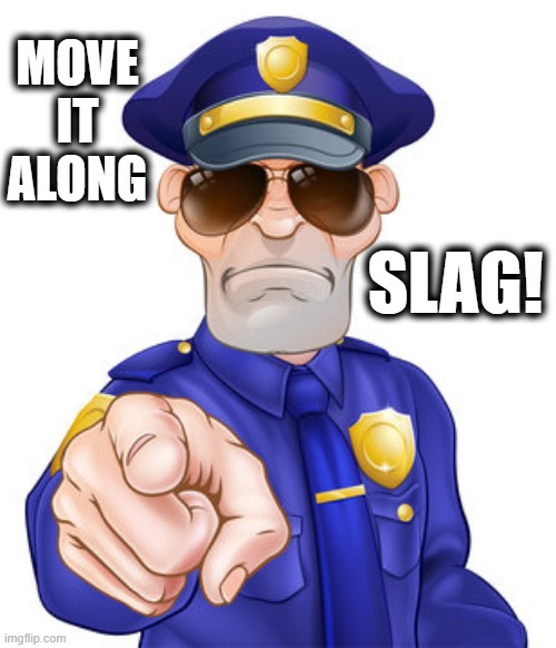 Move it along, SLAG! | MOVE IT ALONG; SLAG! | image tagged in move it along slag | made w/ Imgflip meme maker