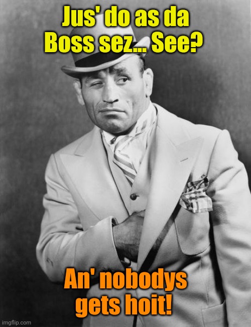 Mobster | Jus' do as da Boss sez... See? An' nobodys gets hoit! | image tagged in mobster | made w/ Imgflip meme maker