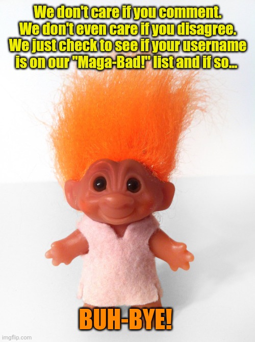 Troll doll | We don't care if you comment. We don't even care if you disagree. We just check to see if your username is on our "Maga-Bad!" list and if so | image tagged in troll doll | made w/ Imgflip meme maker