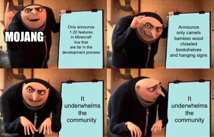 Gru's Plan | Only announce 1.20 features in Minecraft live that are far in the development process; Announce only camels bamboo wood chiseled bookshelves and hanging signs; MOJANG; It underwhelms the community; It underwhelms the community | image tagged in memes,gru's plan | made w/ Imgflip meme maker