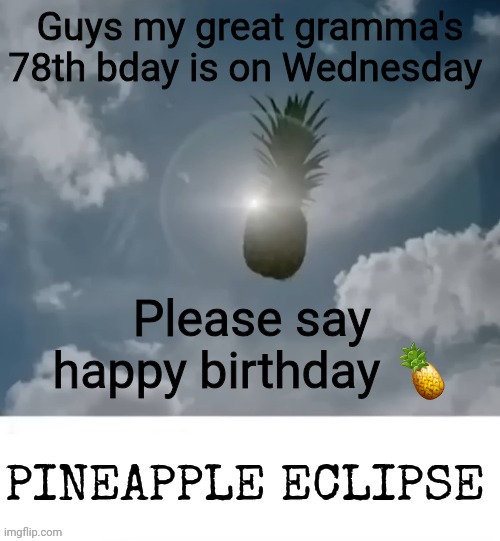 PINEAPPLE_ECLIPSE | Guys my great gramma's 78th bday is on Wednesday; Please say happy birthday 🍍 | image tagged in pineapple_eclipse | made w/ Imgflip meme maker