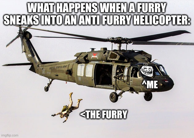 Black Hawk Parachute Jump Soldier | WHAT HAPPENS WHEN A FURRY SNEAKS INTO AN ANTI FURRY HELICOPTER:; ^ME; <THE FURRY | image tagged in black hawk parachute jump soldier | made w/ Imgflip meme maker