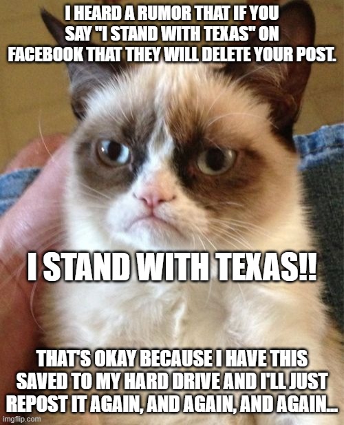 I stand with Texas!! | I HEARD A RUMOR THAT IF YOU SAY "I STAND WITH TEXAS" ON FACEBOOK THAT THEY WILL DELETE YOUR POST. I STAND WITH TEXAS!! THAT'S OKAY BECAUSE I HAVE THIS SAVED TO MY HARD DRIVE AND I'LL JUST REPOST IT AGAIN, AND AGAIN, AND AGAIN... | image tagged in i stand with texas,stop the invasion,stop the federal government from facilitating the invasion | made w/ Imgflip meme maker