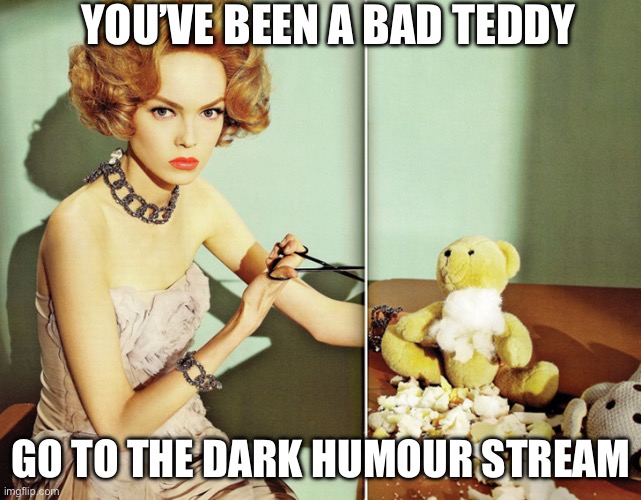 You’ve been a bad teddy! | YOU’VE BEEN A BAD TEDDY GO TO THE DARK HUMOUR STREAM | image tagged in you ve been a bad teddy | made w/ Imgflip meme maker