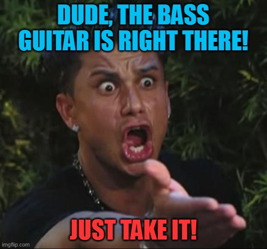 DJ Pauly D Meme | DUDE, THE BASS GUITAR IS RIGHT THERE! JUST TAKE IT! | image tagged in memes,dj pauly d | made w/ Imgflip meme maker