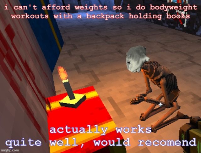 thicc thighs speedrun | i can't afford weights so i do bodyweight workouts with a backpack holding books; actually works quite well, would recomend | image tagged in literally me | made w/ Imgflip meme maker
