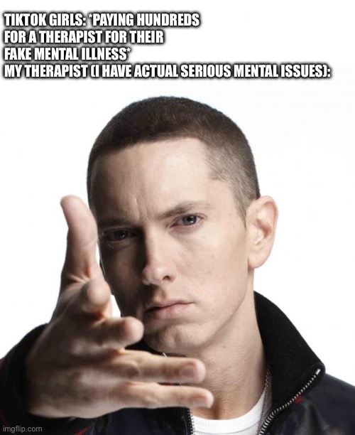 Free therapist | TIKTOK GIRLS: *PAYING HUNDREDS FOR A THERAPIST FOR THEIR FAKE MENTAL ILLNESS*
MY THERAPIST (I HAVE ACTUAL SERIOUS MENTAL ISSUES): | image tagged in am i a joke to u,eminem video game logic | made w/ Imgflip meme maker