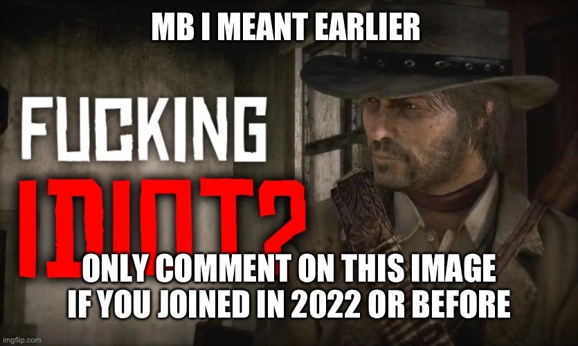 Fucking idiot? | MB I MEANT EARLIER; ONLY COMMENT ON THIS IMAGE IF YOU JOINED IN 2022 OR BEFORE | image tagged in fucking idiot | made w/ Imgflip meme maker