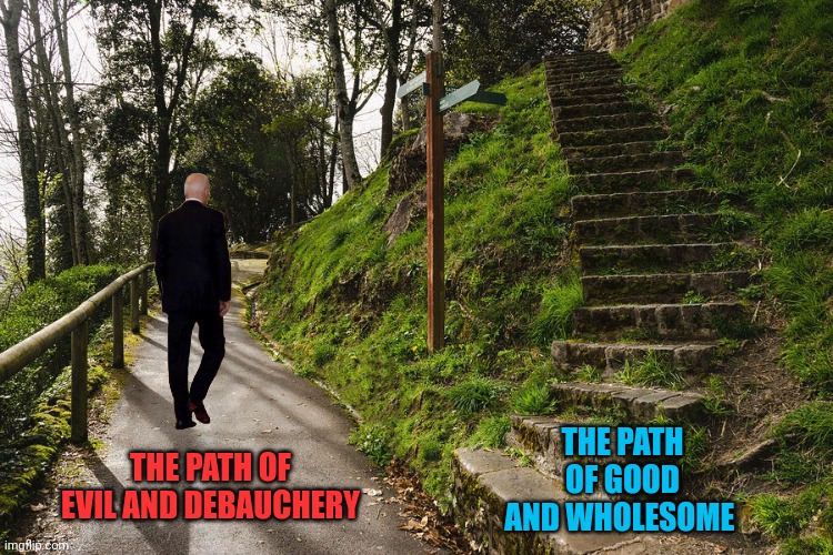 THE PATH OF GOOD AND WHOLESOME THE PATH OF EVIL AND DEBAUCHERY | made w/ Imgflip meme maker