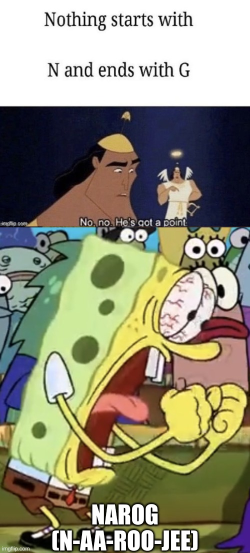NAROG
(N-AA-ROO-JEE) | image tagged in spongebob yelling | made w/ Imgflip meme maker
