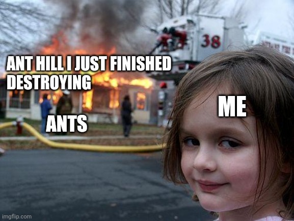 I love doing this whenever I get the chance | ANT HILL I JUST FINISHED 
DESTROYING; ME; ANTS | image tagged in memes,disaster girl | made w/ Imgflip meme maker