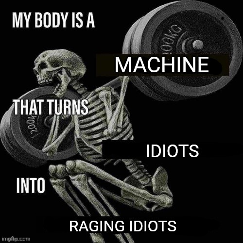 My body is a X that turns Y into Z | MACHINE; IDIOTS; RAGING IDIOTS | image tagged in my body is a x that turns y into z | made w/ Imgflip meme maker