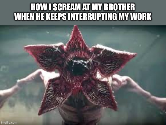 Demogorgon reaction | HOW I SCREAM AT MY BROTHER WHEN HE KEEPS INTERRUPTING MY WORK | image tagged in demogorgon reaction | made w/ Imgflip meme maker
