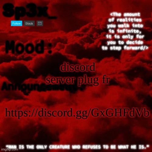 Sp3x_ Announcement v5 | discord server plug fr; https://discord.gg/GxGHFdVb | image tagged in sp3x_ announcement v5 | made w/ Imgflip meme maker