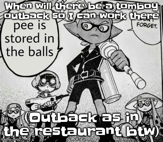 Also I'm proof that tomboys aren't lesbians | When will there be a tomboy outback so I can work there; (Outback as in the restaurant btw) | image tagged in pee is stored in the balls | made w/ Imgflip meme maker