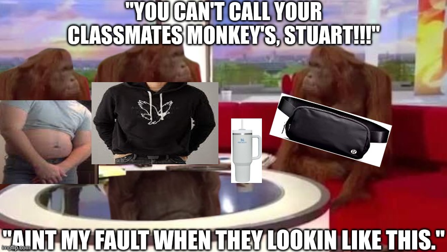 where monkey | "YOU CAN'T CALL YOUR CLASSMATES MONKEY'S, STUART!!!"; "AINT MY FAULT WHEN THEY LOOKIN LIKE THIS." | image tagged in where monkey | made w/ Imgflip meme maker