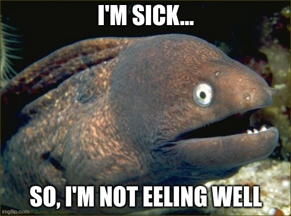 Not eeling well | I'M SICK... SO, I'M NOT EELING WELL | image tagged in memes,bad joke eel,puns,jpfan102504 | made w/ Imgflip meme maker