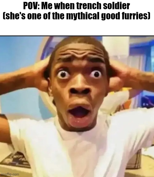 Surprised Black Guy | POV: Me when trench soldier (she's one of the mythical good furries) | image tagged in surprised black guy | made w/ Imgflip meme maker